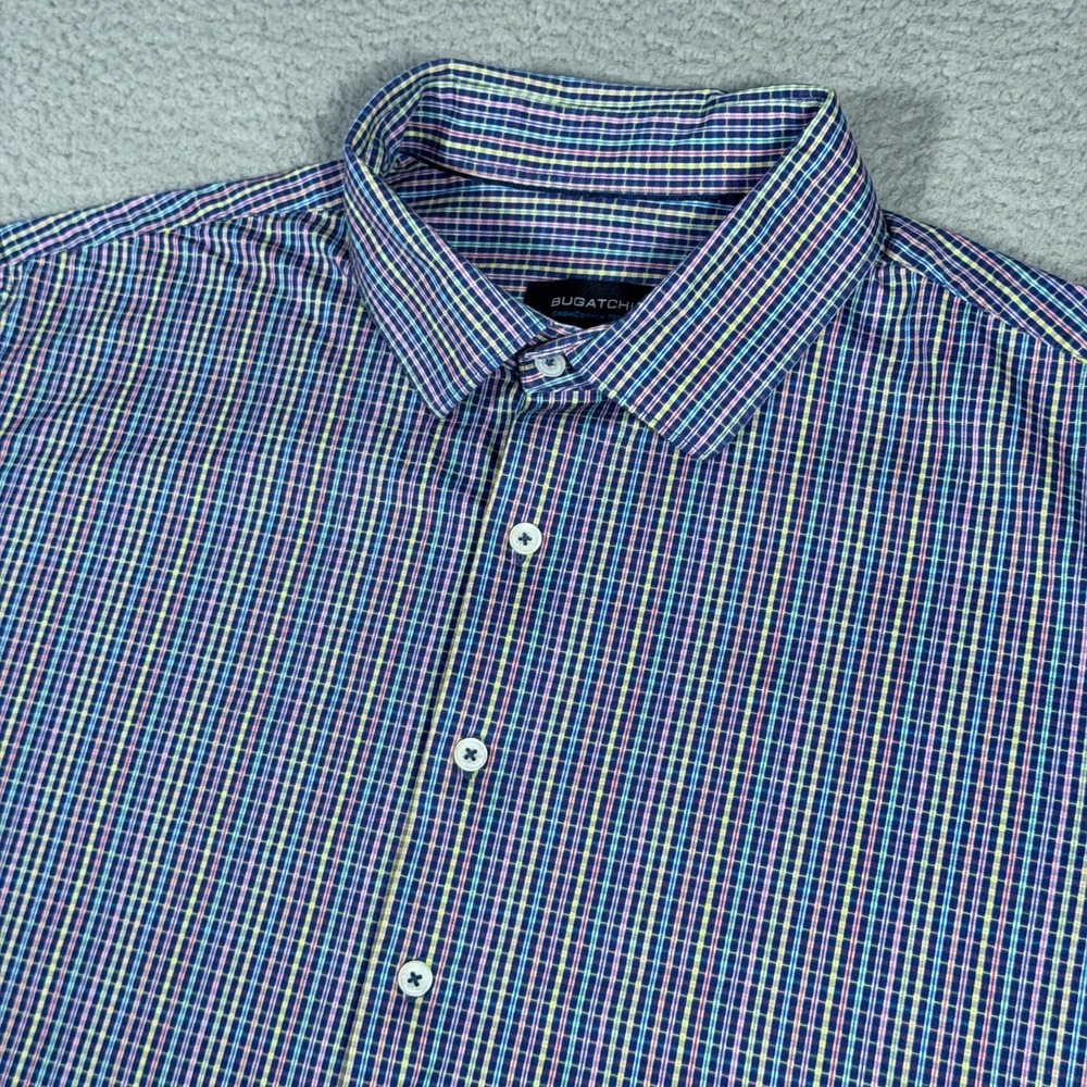 Bugatchi Shirt Mens 2XL Multicolor Check Ooohcotton Tech 8 Way Stretch Button Up